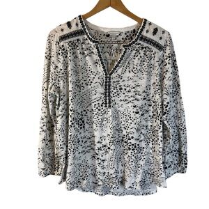 Lucky Brand Floral Blouse Plus 1X White Black Embroidered Boho Patterned Peasant